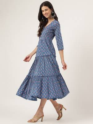 Blue printed cotton long-dresses 3