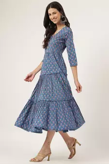 Blue printed cotton long-dresses
