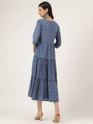 Blue printed cotton long-dresses 4