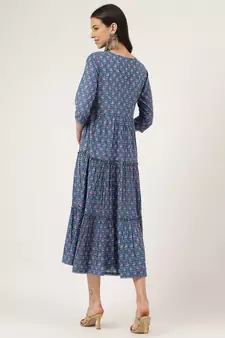 Blue printed cotton long-dresses