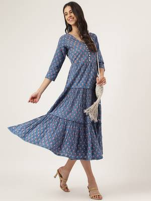 Blue printed cotton long-dresses 5