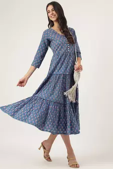 Blue printed cotton long-dresses