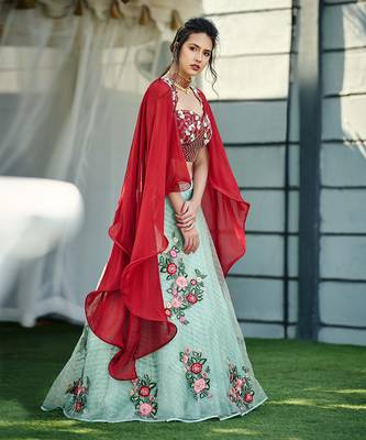 Maroon And Sea Green Net, Soft Organza And Tussar Silk Crop Top And Skirt Lehenga 1