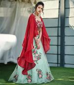 Maroon And Sea Green Net, Soft Organza And Tussar Silk Crop Top And Skirt Lehenga