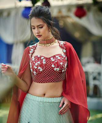 Maroon And Sea Green Net, Soft Organza And Tussar Silk Crop Top And Skirt Lehenga 2