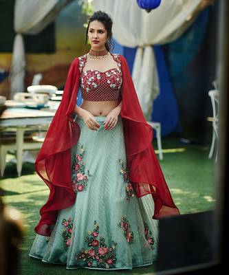Maroon And Sea Green Net, Soft Organza And Tussar Silk Crop Top And Skirt Lehenga 3