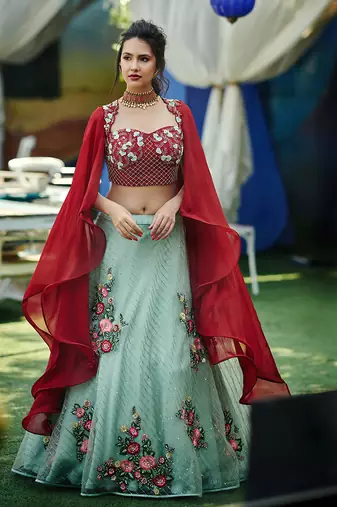 Maroon And Sea Green Net, Soft Organza And Tussar Silk Crop Top And Skirt Lehenga