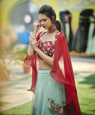 Maroon And Sea Green Net, Soft Organza And Tussar Silk Crop Top And Skirt Lehenga 4