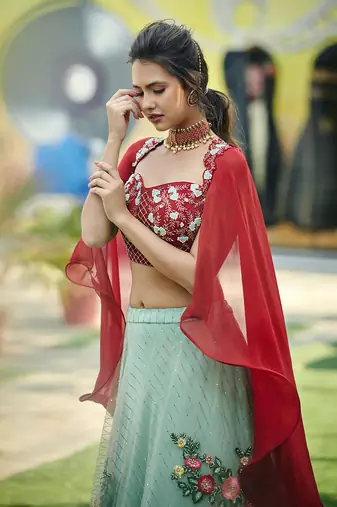 Maroon And Sea Green Net, Soft Organza And Tussar Silk Crop Top And Skirt Lehenga