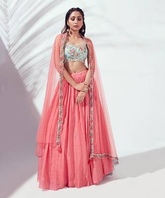 Coral And Light Blue Satin Silk Lehenga 1
