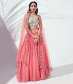 Coral And Light Blue Satin Silk Lehenga