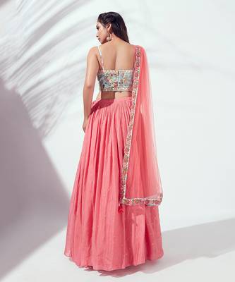 Coral And Light Blue Satin Silk Lehenga 2