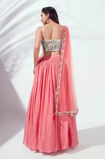 Coral And Light Blue Satin Silk Lehenga