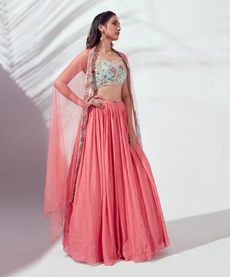Coral And Light Blue Satin Silk Lehenga 3