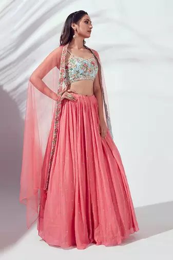 Coral And Light Blue Satin Silk Lehenga