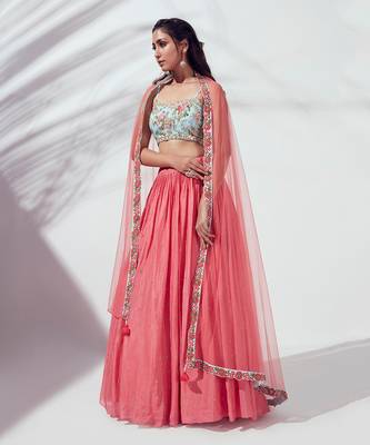 Coral And Light Blue Satin Silk Lehenga 4