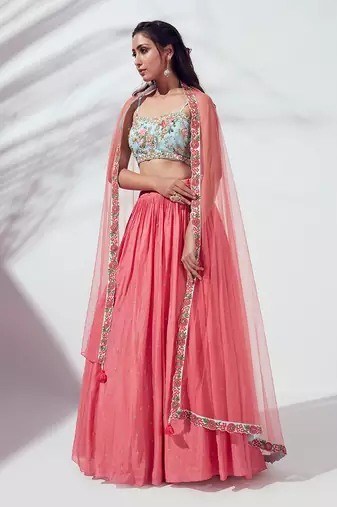 Coral And Light Blue Satin Silk Lehenga