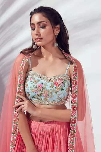 Coral And Light Blue Satin Silk Lehenga