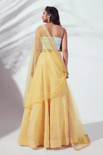 Sea Green And Yellow Satin Silk Lehenga