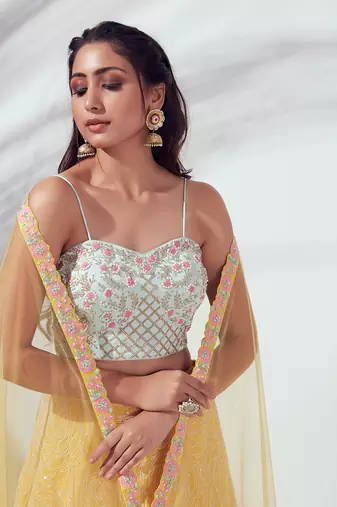 Sea Green And Yellow Satin Silk Lehenga