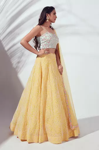 Sea Green And Yellow Satin Silk Lehenga