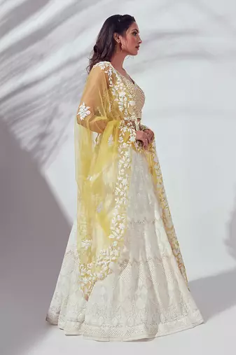 Ivory And Yellow Silk Lehenga