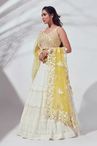 Ivory And Yellow Silk Lehenga