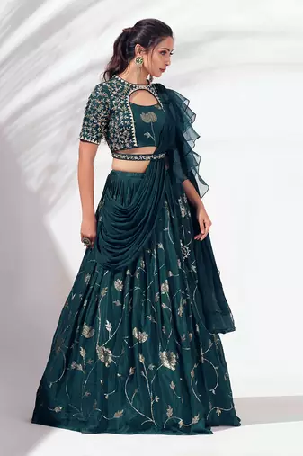 Bottle Green Georgette Crepe Lehenga