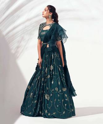 Bottle Green Georgette Crepe Lehenga 4