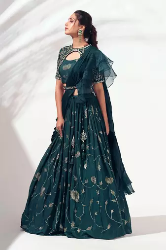 Bottle Green Georgette Crepe Lehenga