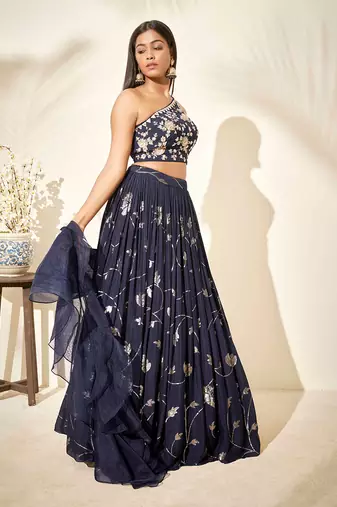 Navy Blue Georgette Crepe Lehenga
