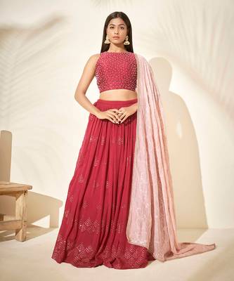 Cherry Red Chanderi Silk Lehenga 1