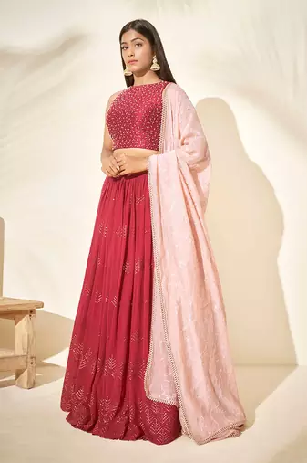 Cherry Red Chanderi Silk Lehenga