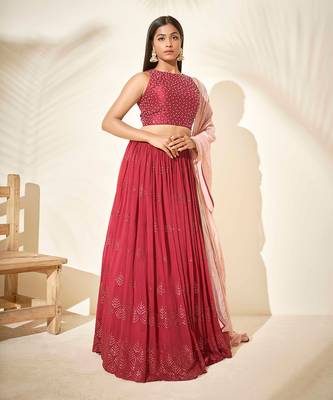 Cherry Red Chanderi Silk Lehenga 3