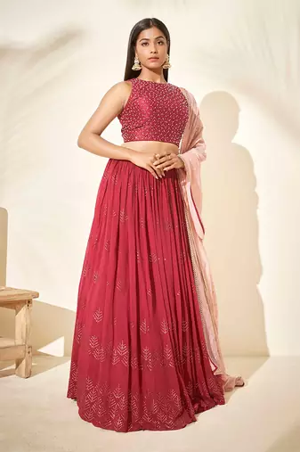 Cherry Red Chanderi Silk Lehenga