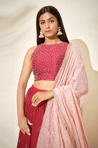 Cherry Red Chanderi Silk Lehenga