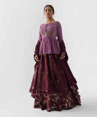 Mauve And Wine Soft Organza Lehenga 1