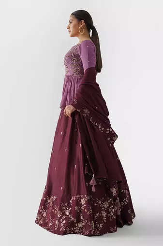 Mauve And Wine Soft Organza Lehenga