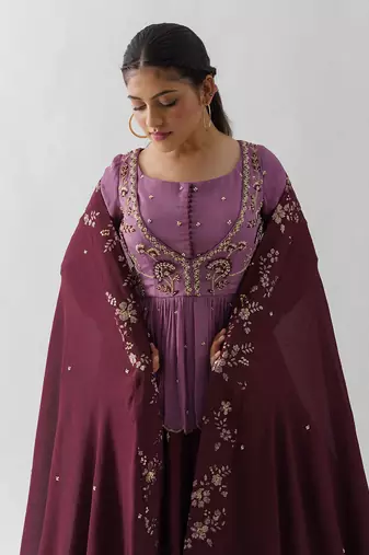 Mauve And Wine Soft Organza Lehenga