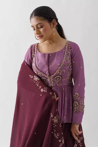 Mauve And Wine Soft Organza Lehenga