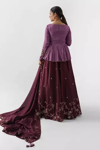 Mauve And Wine Soft Organza Lehenga