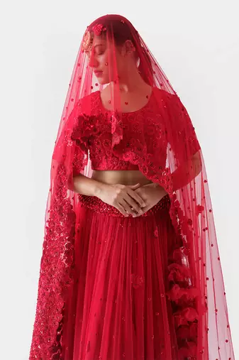 Red Net Bridal Lehenga