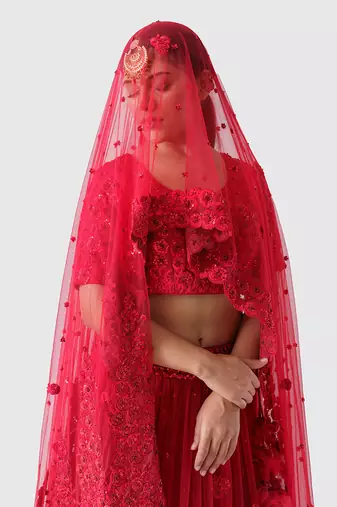 Red Net Bridal Lehenga