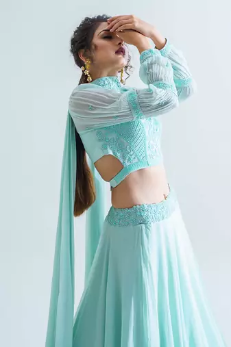 Sea Green Georgette Crepe Lehenga