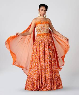Orange Georgette Crepe Lehenga 5