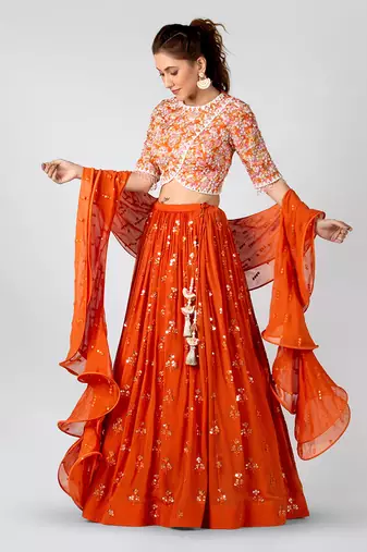 Orange Georgette Crepe Lehenga