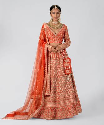 Orange Raw Silk Bridal Lehenga 1
