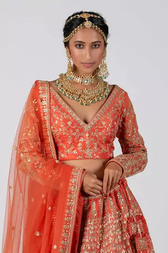 Orange Raw Silk Bridal Lehenga
