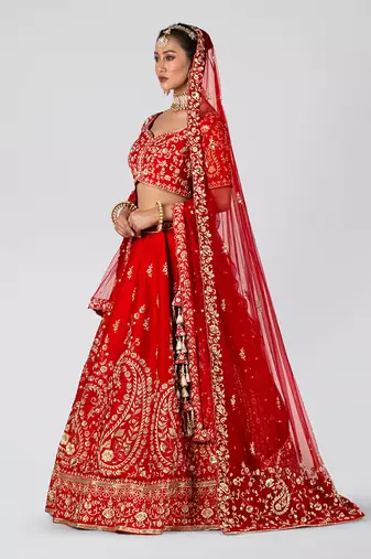 Red Raw Silk Bridal Lehenga