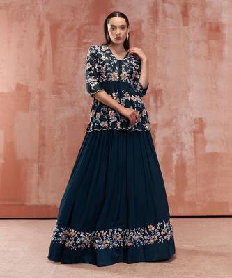 Peacock Blue Georgette Crepe Lehenga 1